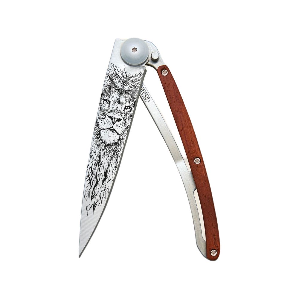 Deejo 37G Pocket Knife - Coral Wood/Lion (Grey)