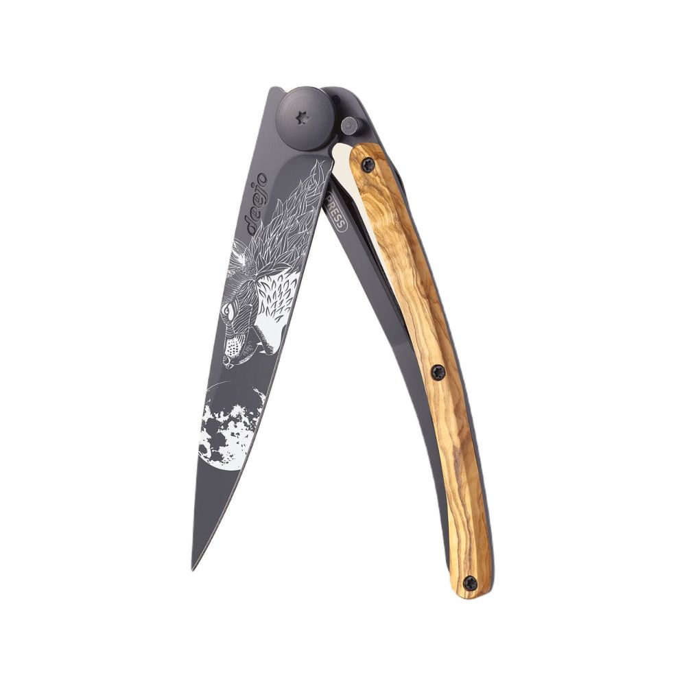 Deejo 37G Pocket Knife - Olive Wood/Howling (Grey)