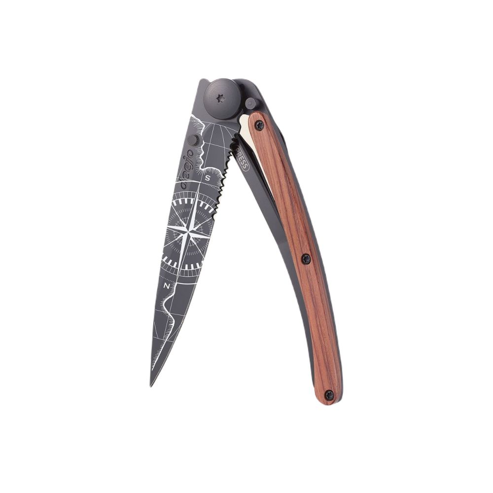 Deejo 37G Pocket Knife - Serrated Coral Wood/Terra Incognita (Black)